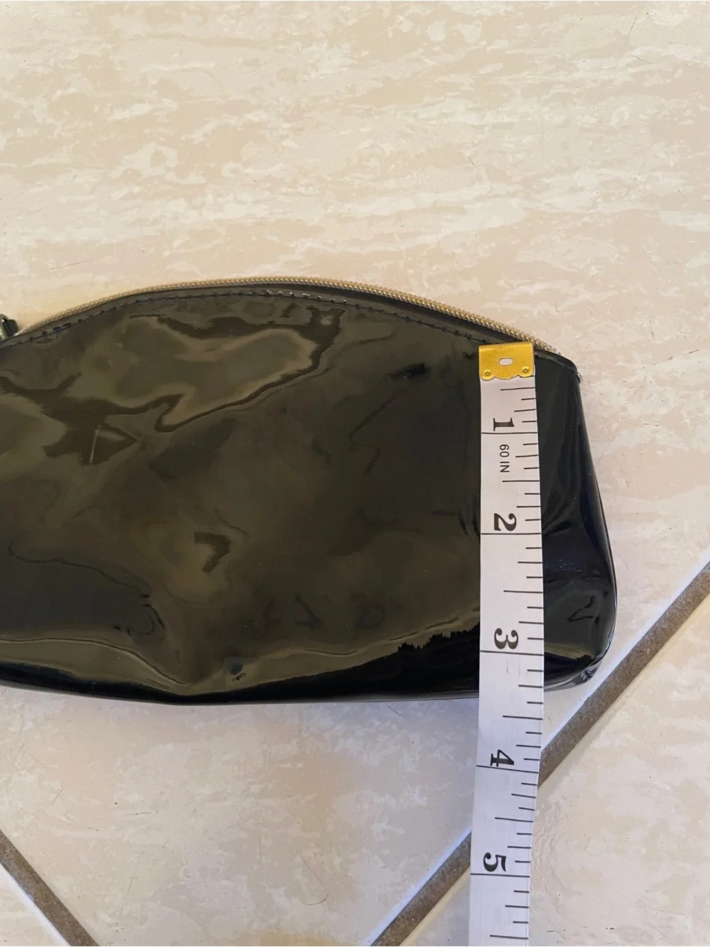 Vintage Glossy Black Patent Leather Cosmetic Bag Gold Zipper Small